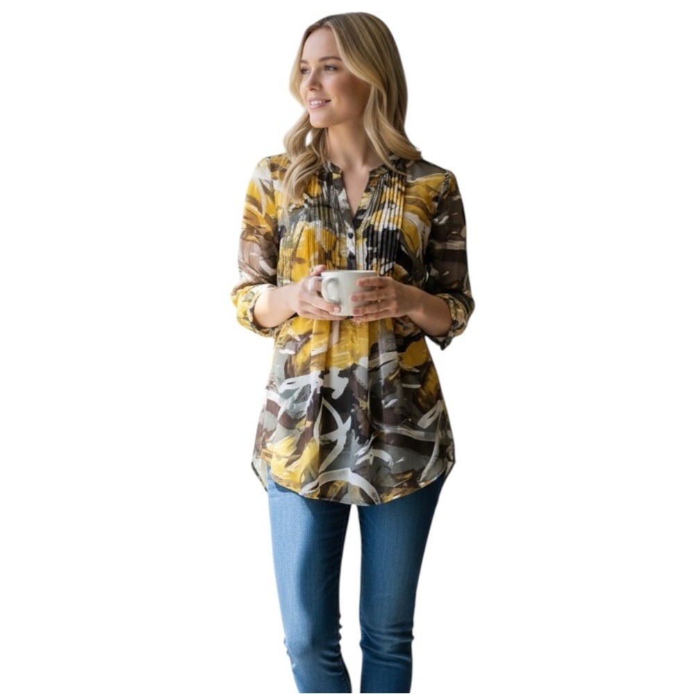 Nicole Miller New York Blouse, Semi-Sheer, Gold, Gray and‎ Black, Size Small
